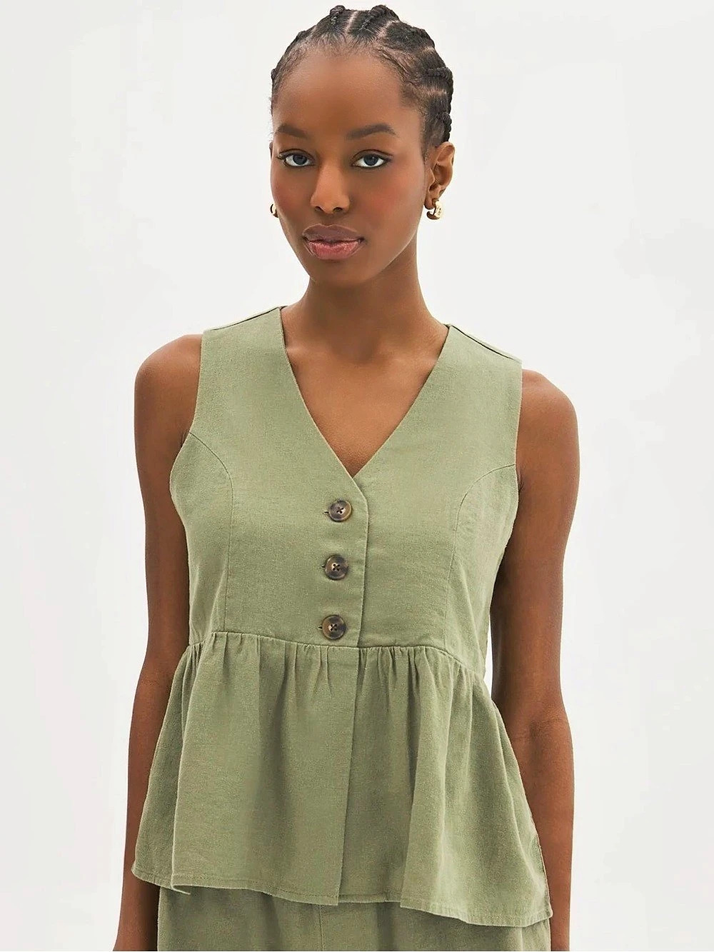 SUZY V-Neck Button Front Linen Blend Peplum Top in Green Size XL/TG NWT